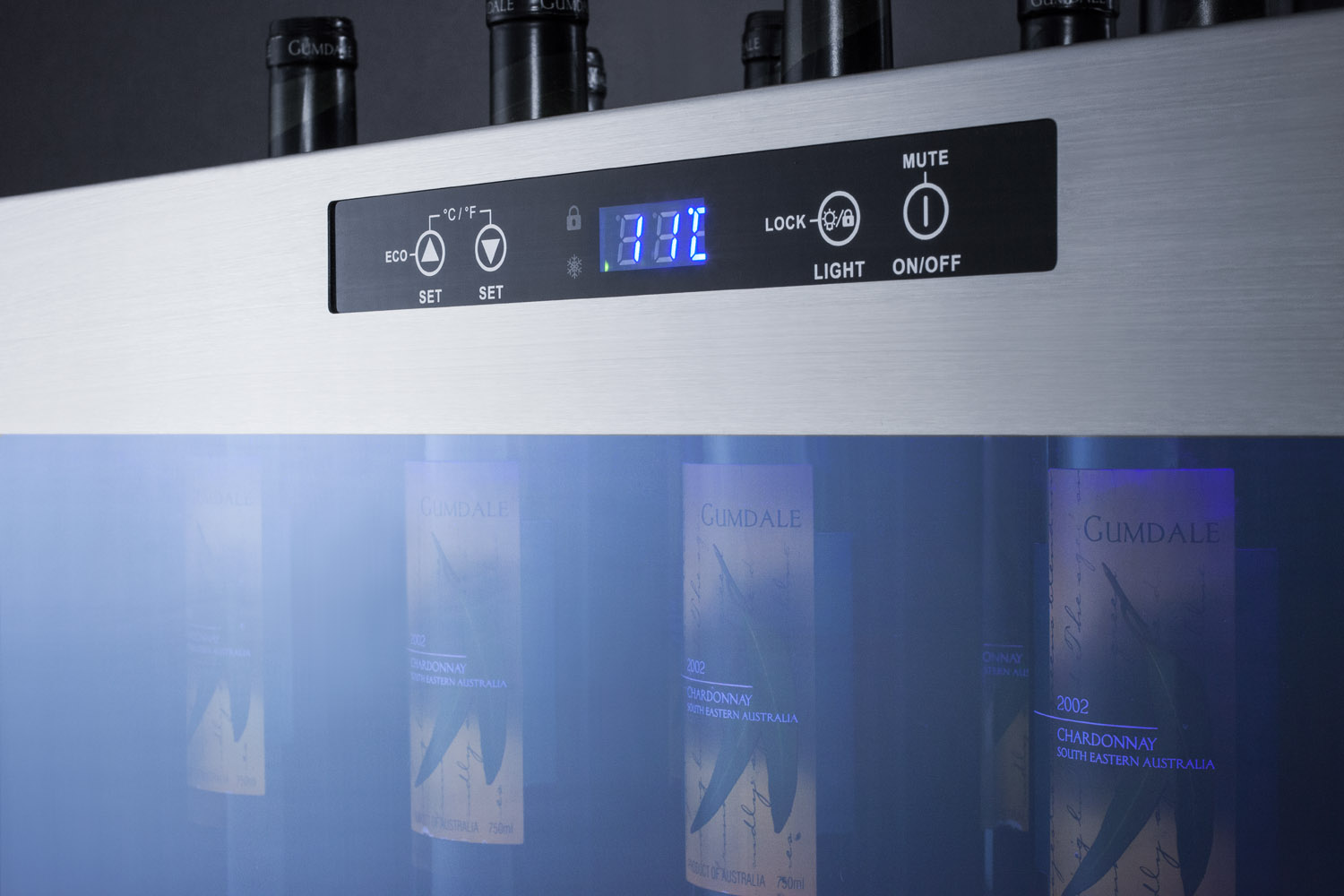 Commercially approved open bottle wine cooler in stainless steel with digital controls and compressor-cooled design for countertop use, designed for the display and refrigeration of beverages